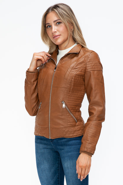 Camel Faux Layered Double-Zipper Jacket with Fuzzy Hood