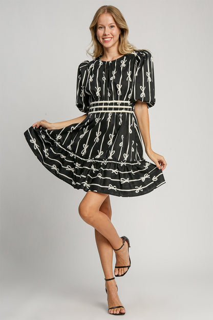 Black Ribbon Print Frill Contrast Velvet Trim Half Sleeve Dress