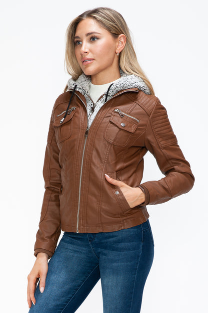 Rust Removable Faux Layered Multi-Pocket Jacket with Fuzzy Hood