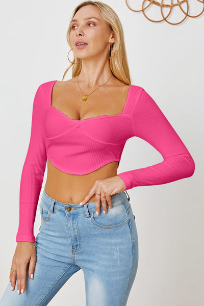 Ribbed Long Sleeve Sweetheart Neck T-Shirt