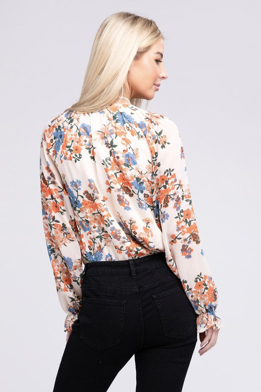 Raglan Sleeve Stand Collar Floral Chiffon Blouse