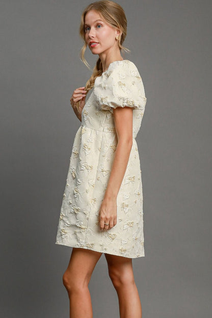 Cream Heart Jacquard Square Neck Puff Sleeve Mini Dress