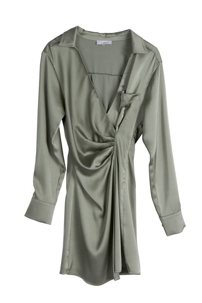 Satin Collared Long Sleeve Wrap Mini Dress