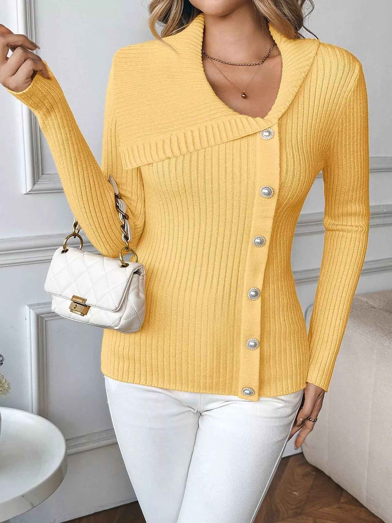 Ribbed Button-Up Cardigan - Chic Asymmetrical Style - Fashions Envy
