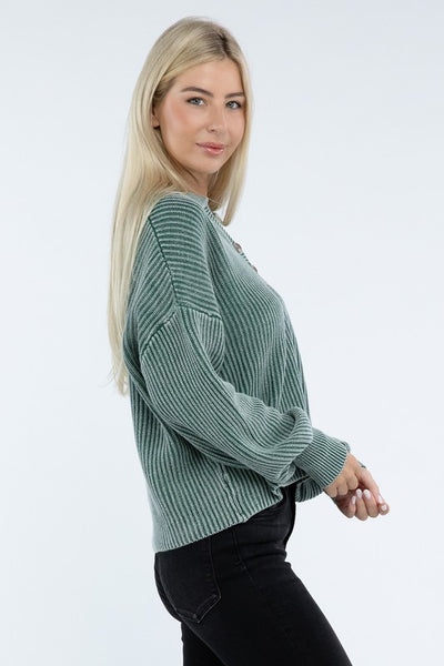 Ribbed Washed Collared Henley Sweater - Fashions Envy