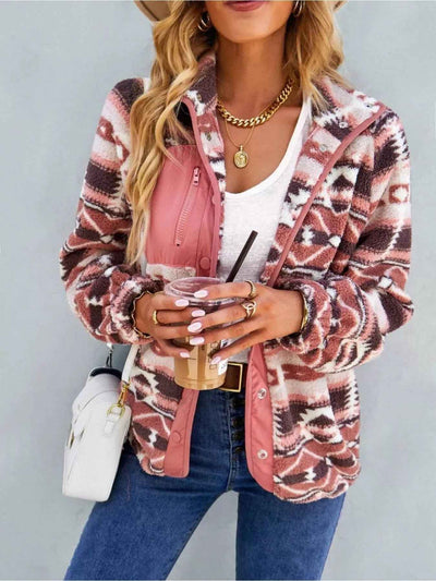 Aztec Print Fleece Jacket - Snap-Down Southwestern Style - Fashions Envy