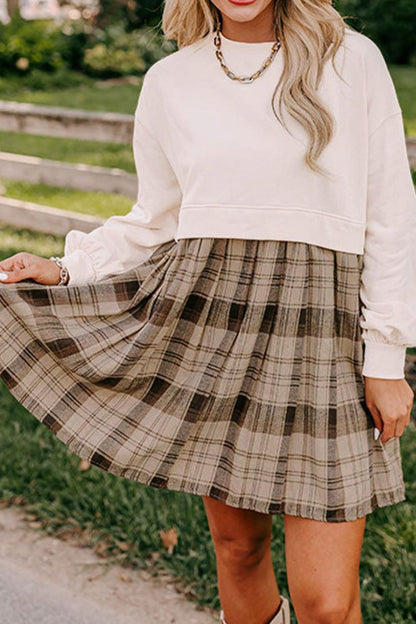 Plaid Round Neck Long Sleeve Mini Dress