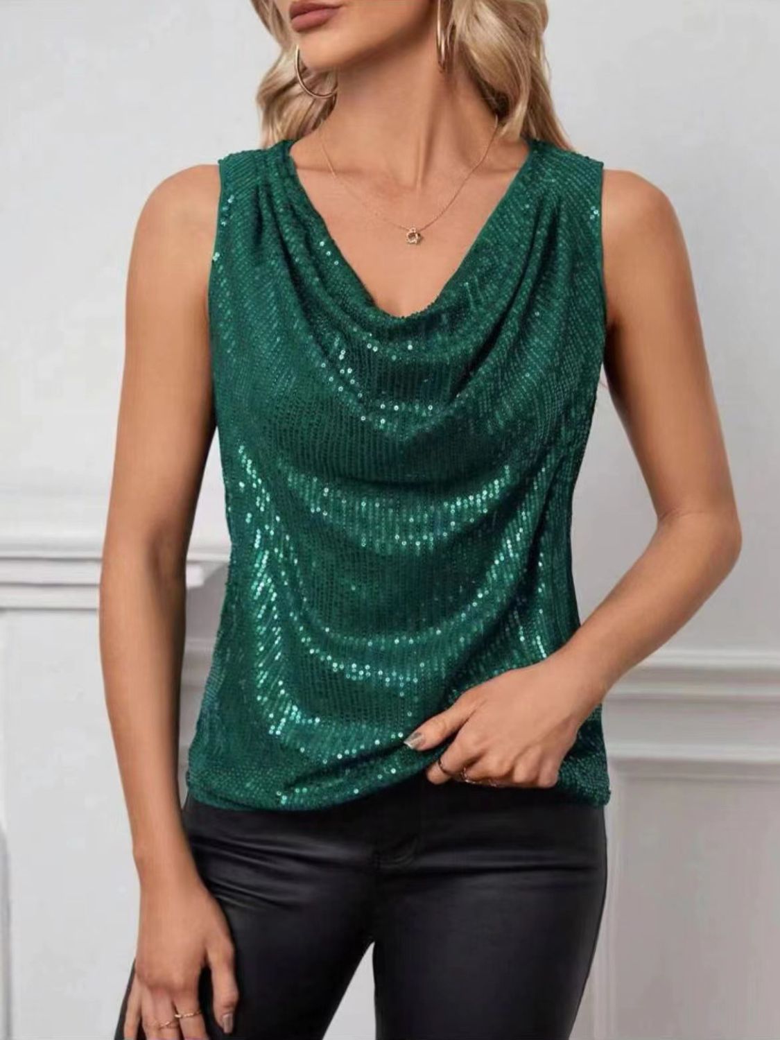 Sequin Cowl Neck Sleeveless Tank Top