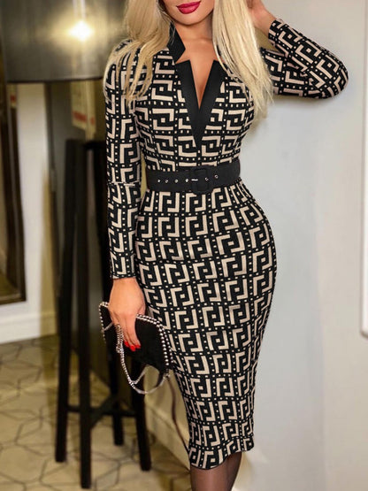 Printed Notched Long Sleeve Wrap Midi Dress