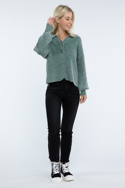 Ribbed Washed Collared Henley Sweater - Fashions Envy
