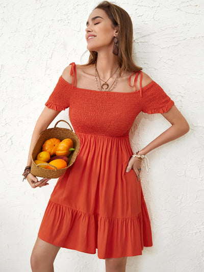 Orange Smocked Spaghetti Strap Short Sleeve Mini Dress