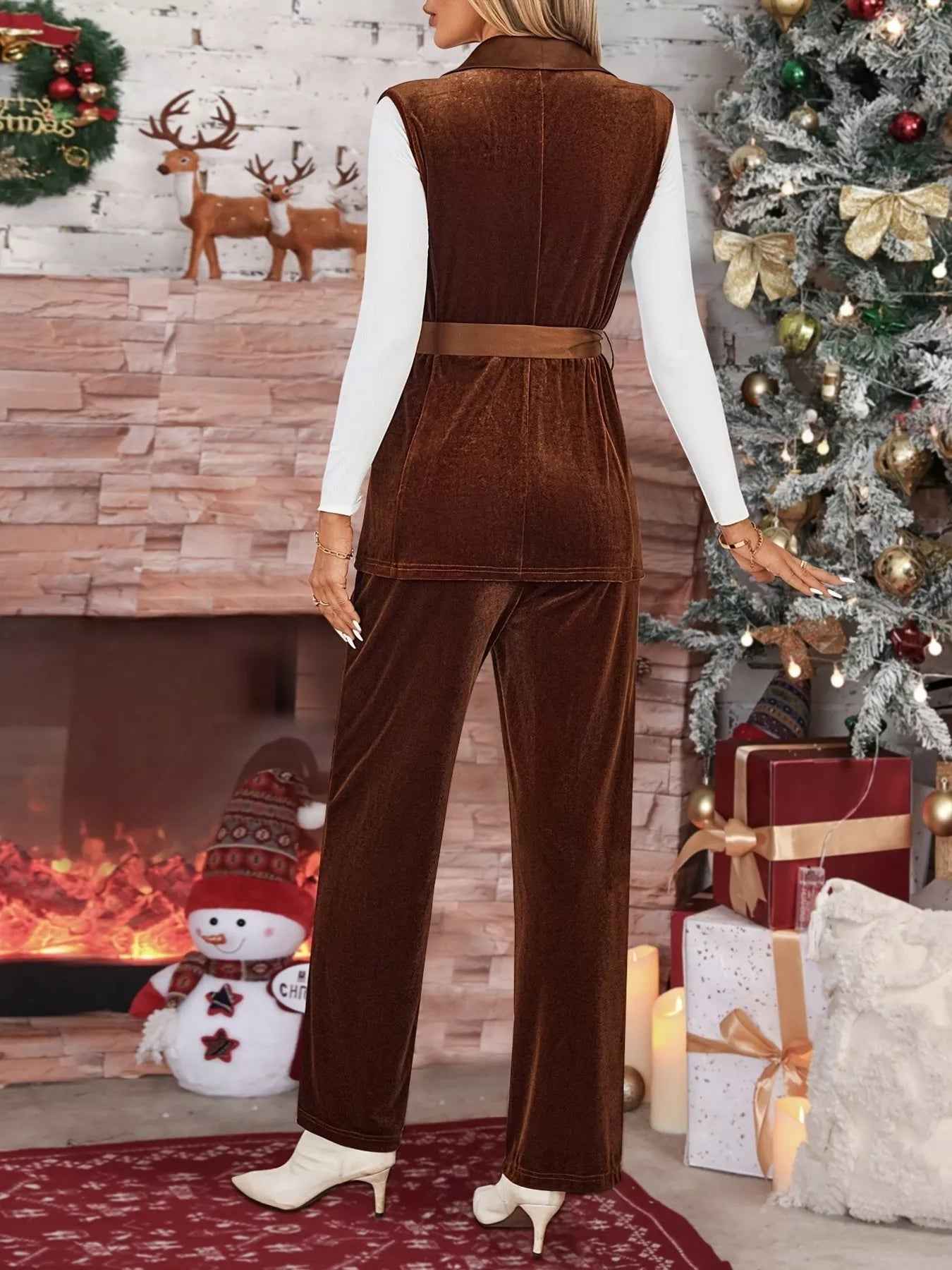 Velvet Two-Piece Set - Tie Waist Vest & Wide Leg Pants - Fashions Envy