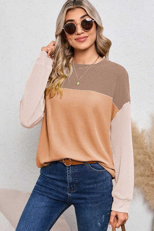 Ribbed Color Block Long Sleeve Corduroy Tunic Top