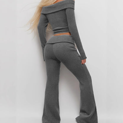 Gray Lounge Set - Off-Shoulder Top & Flared Pants