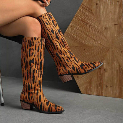 Animal Print Point Toe Low Block Heel Boots - Fashions Envy