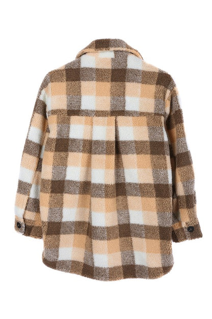 Brown Orange Plaid Check Sherpa Jacket with Pockets