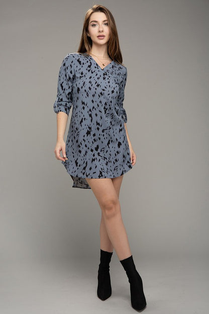 Blue Leopard Animal Print V Neck Mini Dress