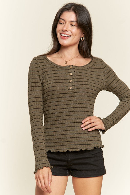 Ribbed Henley Neck Long Sleeve Basic Top