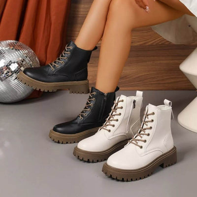 Lace Up Round Toe Boots - Mid Heel Ankle Boots - Fashions Envy