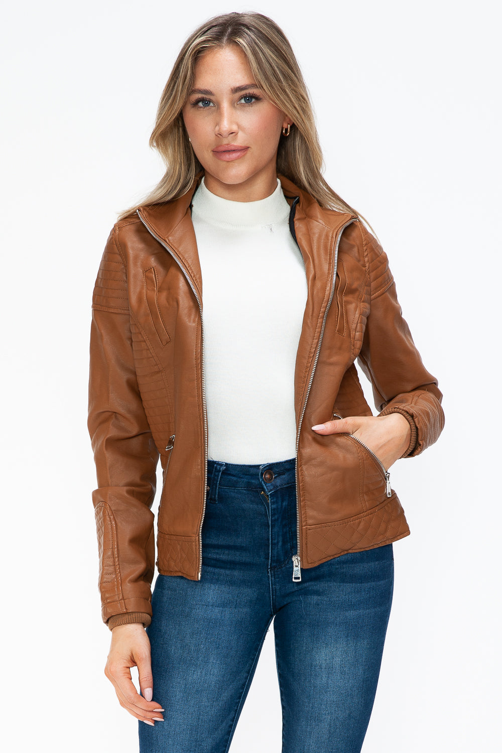 Camel Faux Layered Double-Zipper Jacket with Fuzzy Hood