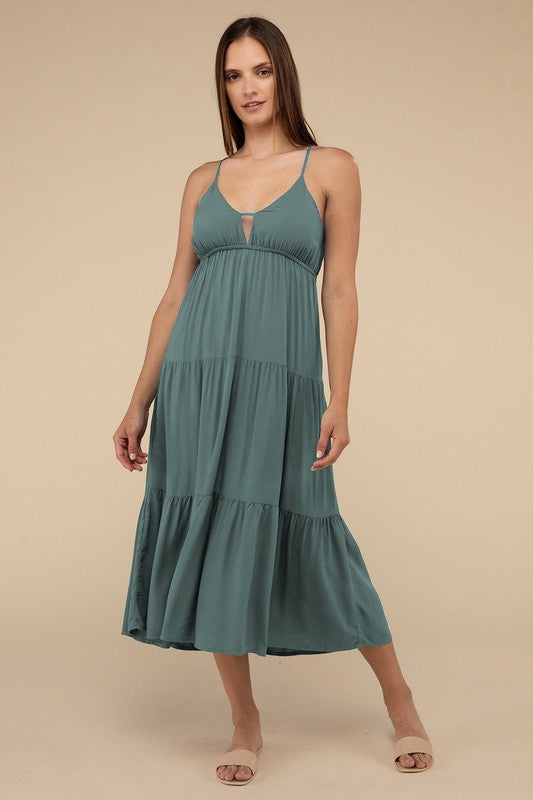 Woven Sweetheart Neckline Tiered Cami Midi Dress