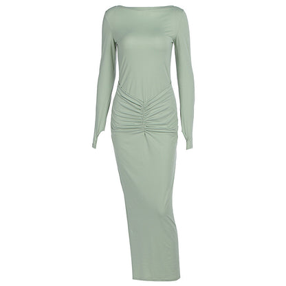 Pleated Maxi Dress - Long Sleeve Round Neck Slim Fit