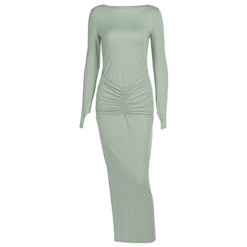 Pleated Maxi Dress - Long Sleeve Round Neck Slim Fit