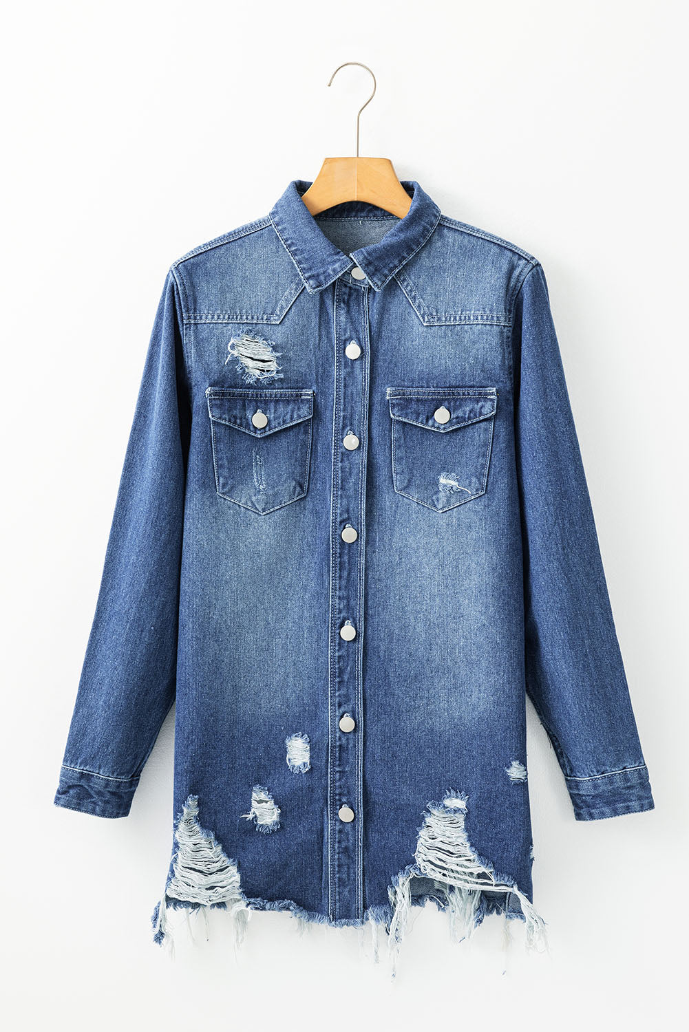 Sky Blue Light Wash Distressed Frayed Long Denim Jacket