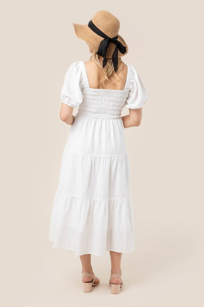 Tiered Midi Dress with Puff Sleeves
