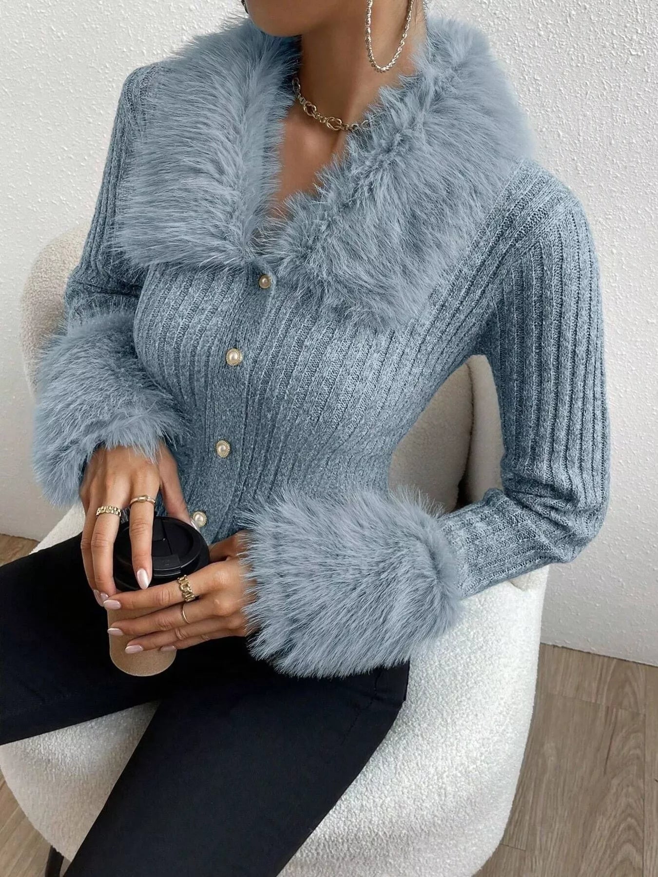 Faux Fur Trim Ribbed Knit Cropped Cardigan - Fashions Envy