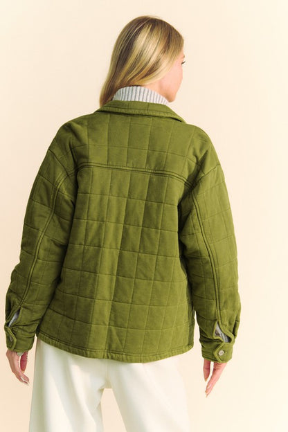 Yellow-Green Quilted Button Down Shacket with Chest Pockets