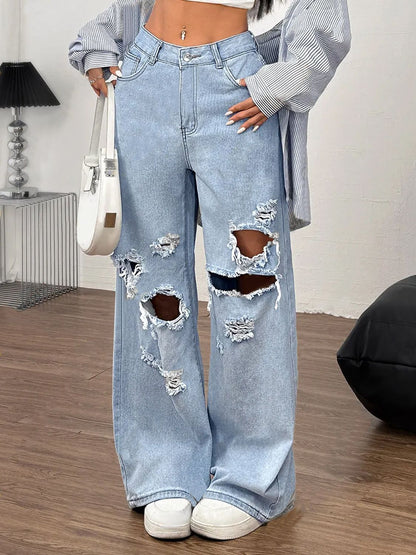 Light Denim Distressed Wide Leg Jeans with Pockets