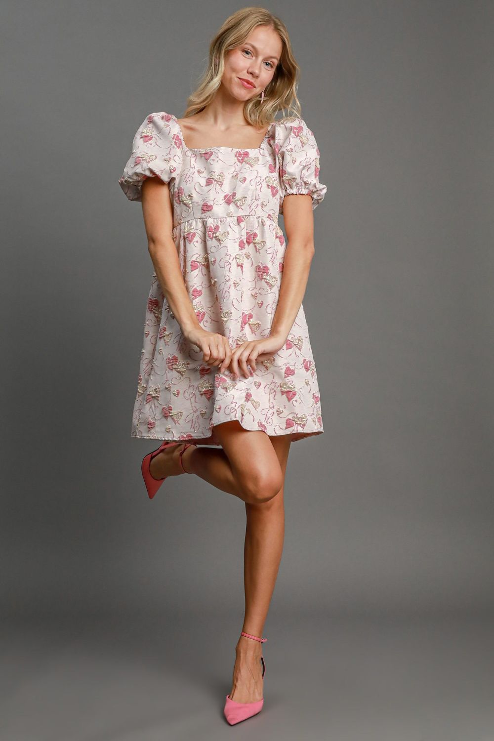 Pink Heart Jacquard Square Neck Puff Sleeve Mini Dress