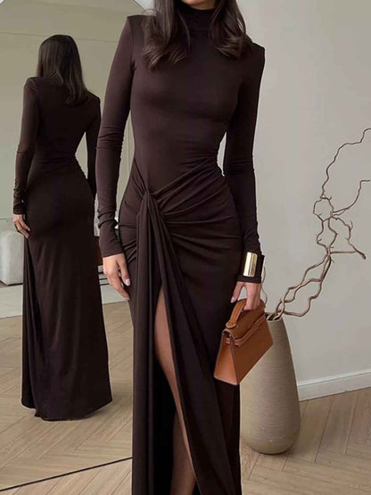 Turtleneck Maxi Dress - Long Sleeve Slit Tie Waist Style - Fashions Envy