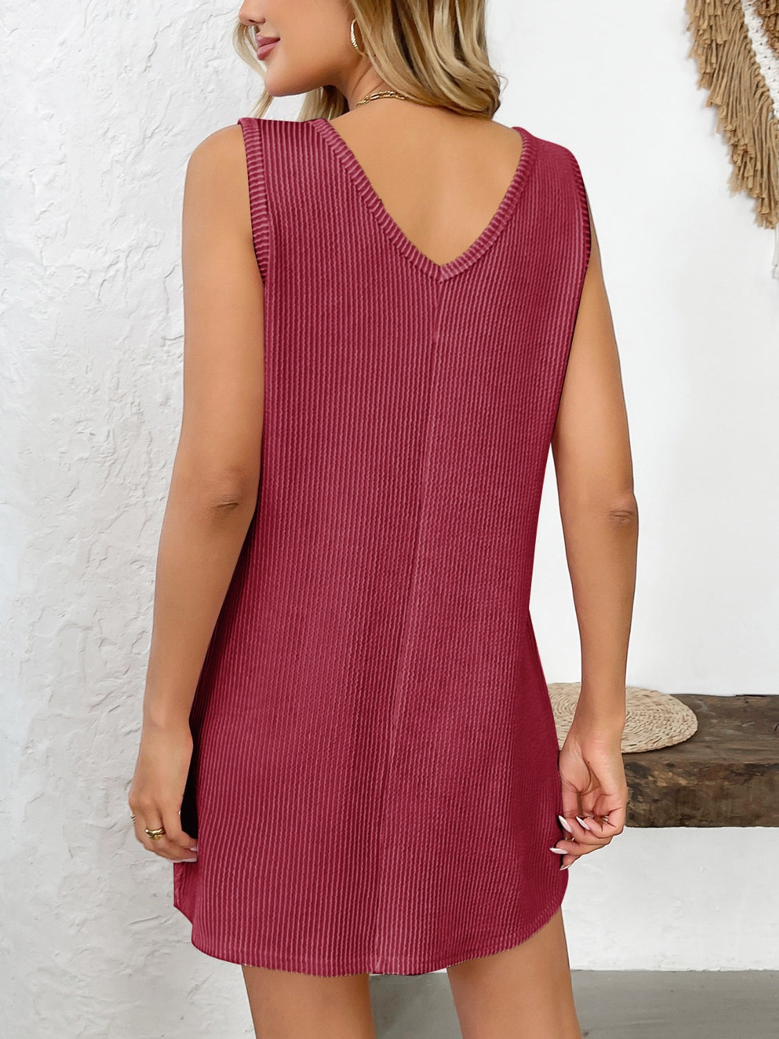 Texture Pocketed V-Neck Tank Mini Dress