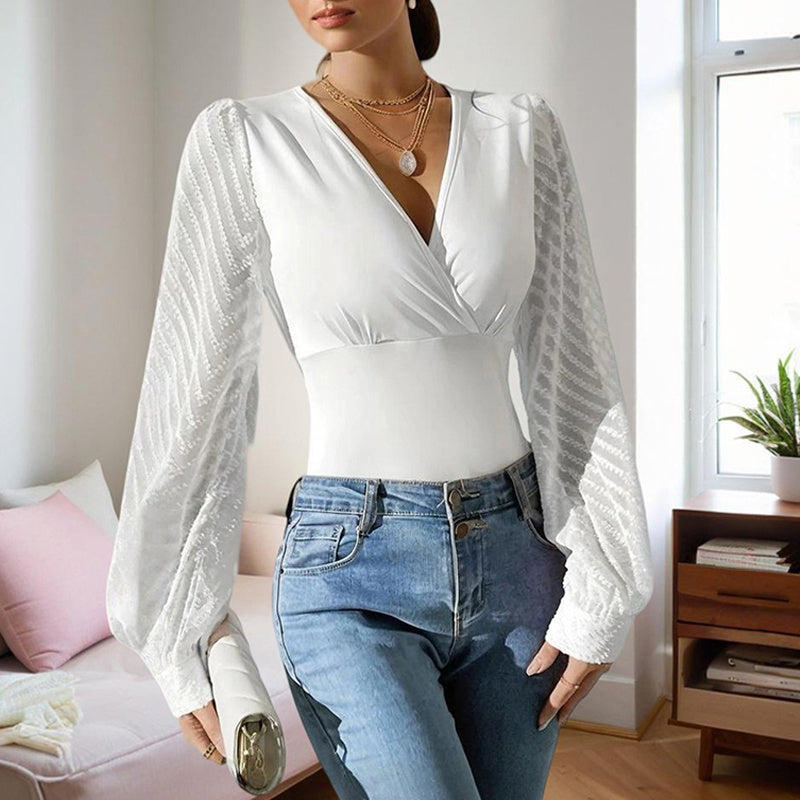 Deep V-Neck Chiffon Top - Criss-Cross Sheer Sleeves