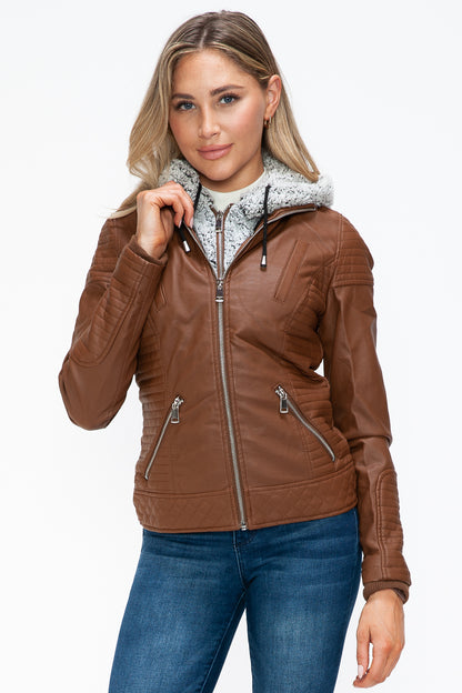 Rust Faux Layered Double-Zipper Jacket with Fuzzy Hood