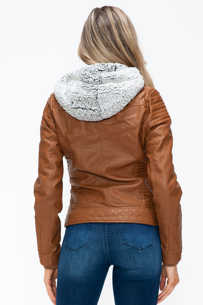 Camel Faux Layered Double-Zipper Jacket with Fuzzy Hood