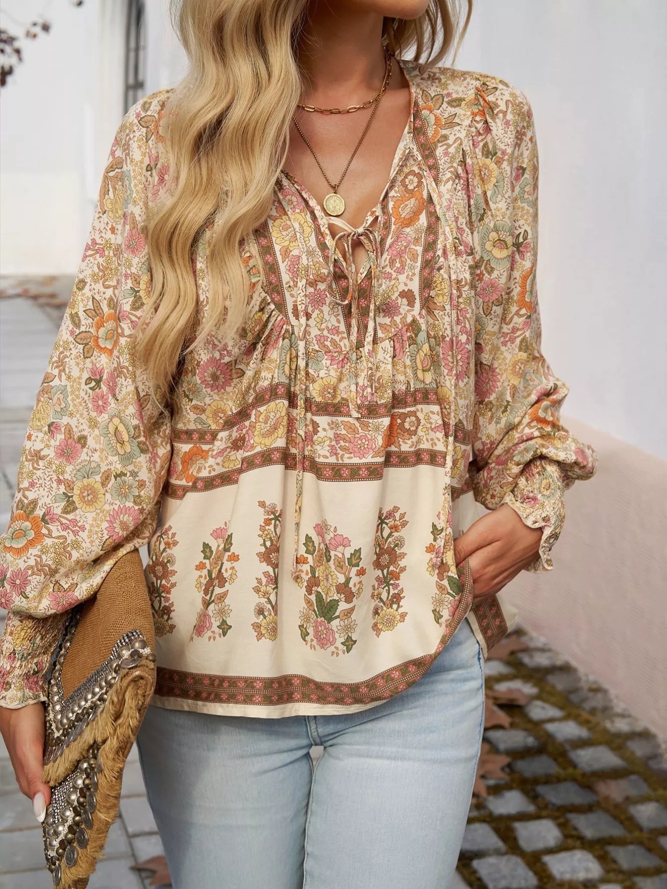 Bohemian Blouse - Floral Print Tie Neck - Fashions Envy