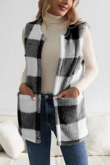 Sherpa Plaid Open Front Vest Coat - Fashions Envy