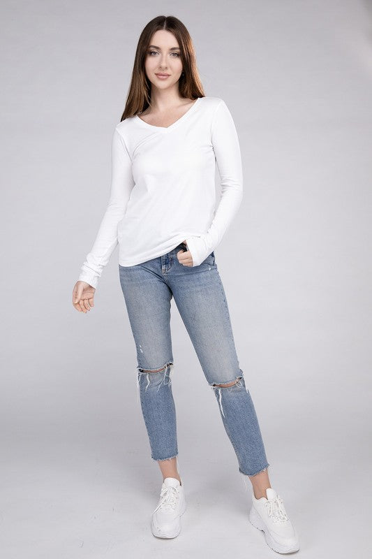 Cotton V-Neck Long Sleeve Casual T-Shirt