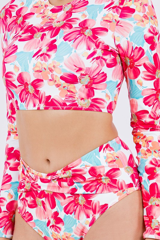 Long Sleeve Floral Print Ruched Bottom Bikini Swimwear