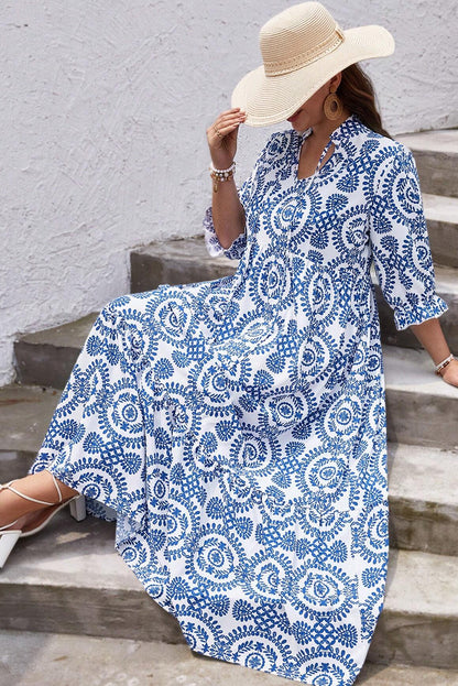 Sky Blue Geometric Print Lace-up Notch Neck Plus Size Maxi Dress