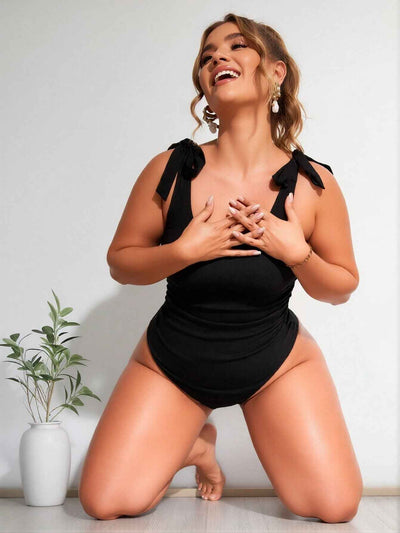 2026 New Plus Size Women's Sexy Fashion Black Bow Strap Ribbed One-Piece Swimsuit Tummy Control For Vacation