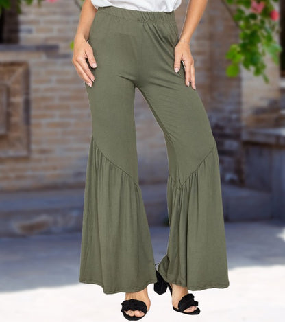 Diagonal Trim Ruffle Hem Wide Leg Pants