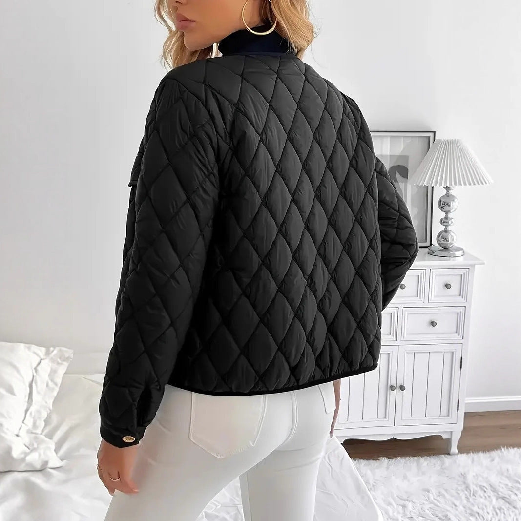Diamond Lattice Cotton Jacket - Warm Short Women's Coat