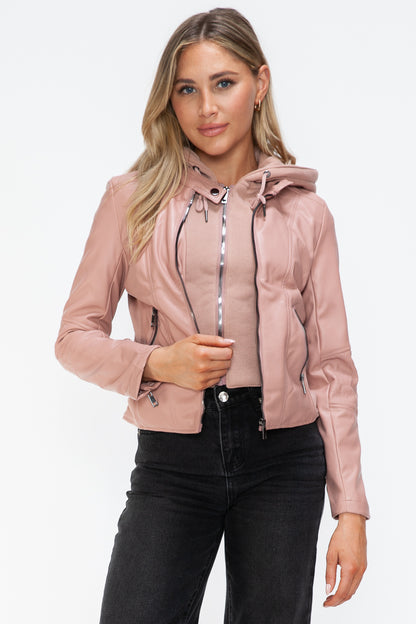 Mauve Faux Leather Zip Up Drawstring Hooded Jacket