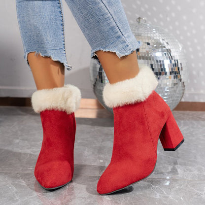 Plaid Ankle Boots - Furry Lined Square Heel Winter Boots