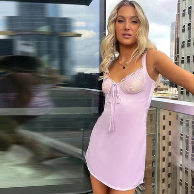 Sweetheart Wave-Neck Mini Dress - Backless A-Line with Ties