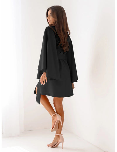 Autumn Mini Dress - Flared Sleeve Lace-Up Round Neck - Fashions Envy